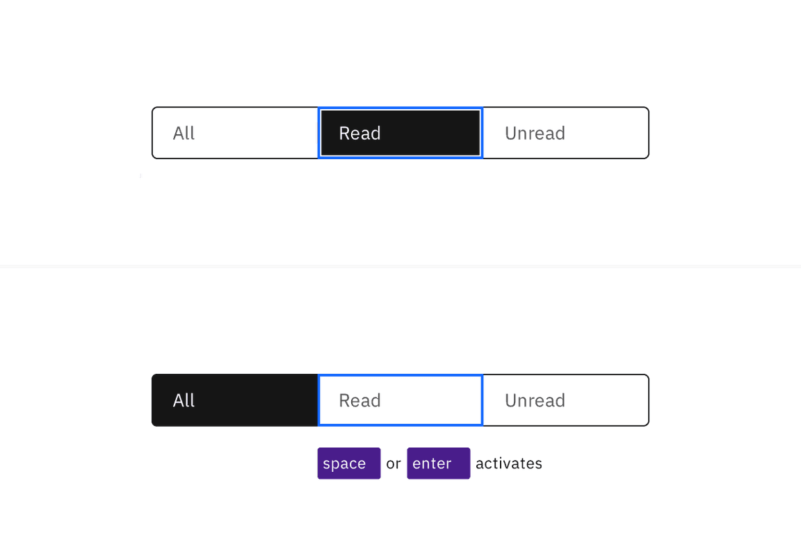 Two variants of a content switcher with tabs called All, Read and Unread. In the first, the Read tab is selected and focused. In the second the All tab is selected and the Read tab has a focus indicator